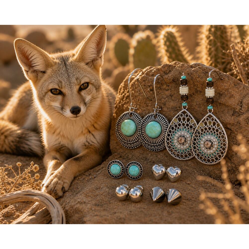 NWOT 6pc Silver Tone Southwestern Earrings Turquoise Boho Stud & Dangle